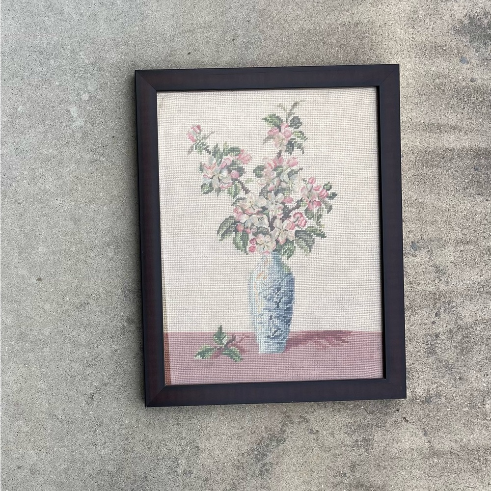 Vintage Needlepoint Textile Art Framed Flowers Dogwood Apple Blossom Floral Pink